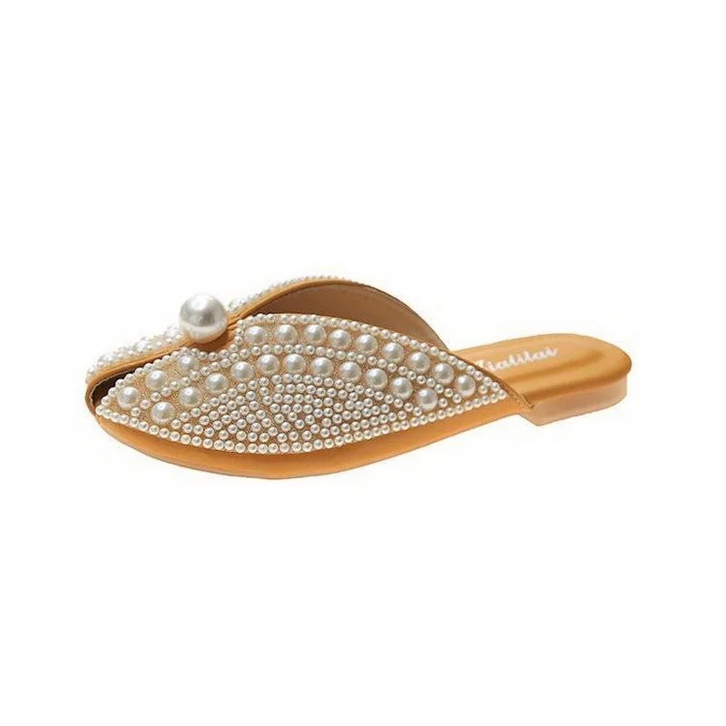 

Close Toe Home Slippers Woman 2020 Summer Fashion Pearls Slides Sandals for Lazy Person Female Eropea Style Khaki Yellow Green
