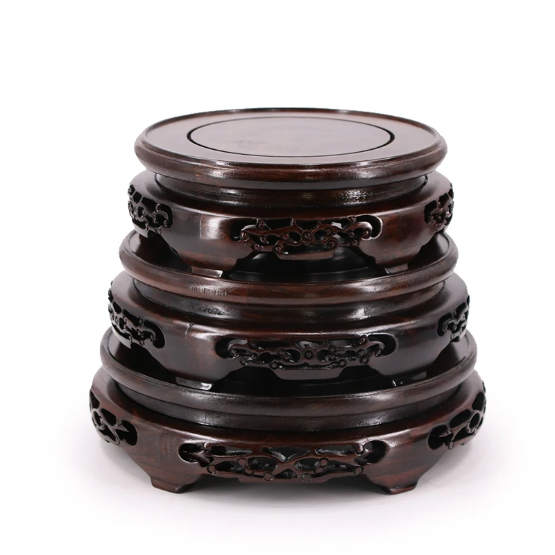 

Ebony Carved Base Pierced Vase Base Brackets Stones Teapots Bonsai Flower Pots Incense Burner Buddha Mahogany Circular Base