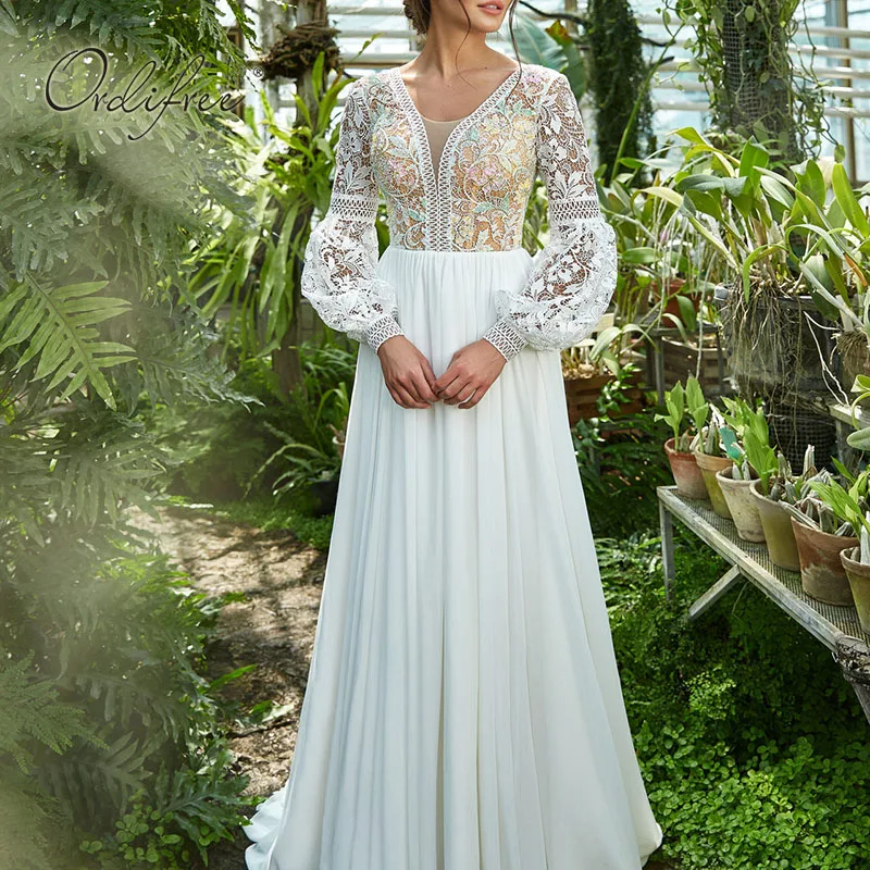 

Ordifree 2022 Summer Women Maxi Party Dress Long Sleeve White Lace Elegant Lady Long Evening Chiffon Dress
