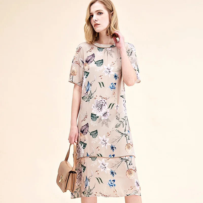 

Шелковая Высококачественная Женская одежда, летнее Новое офисное платье с принтом, элегантное платье из 100% шелка тутового шелкопряда с кор...