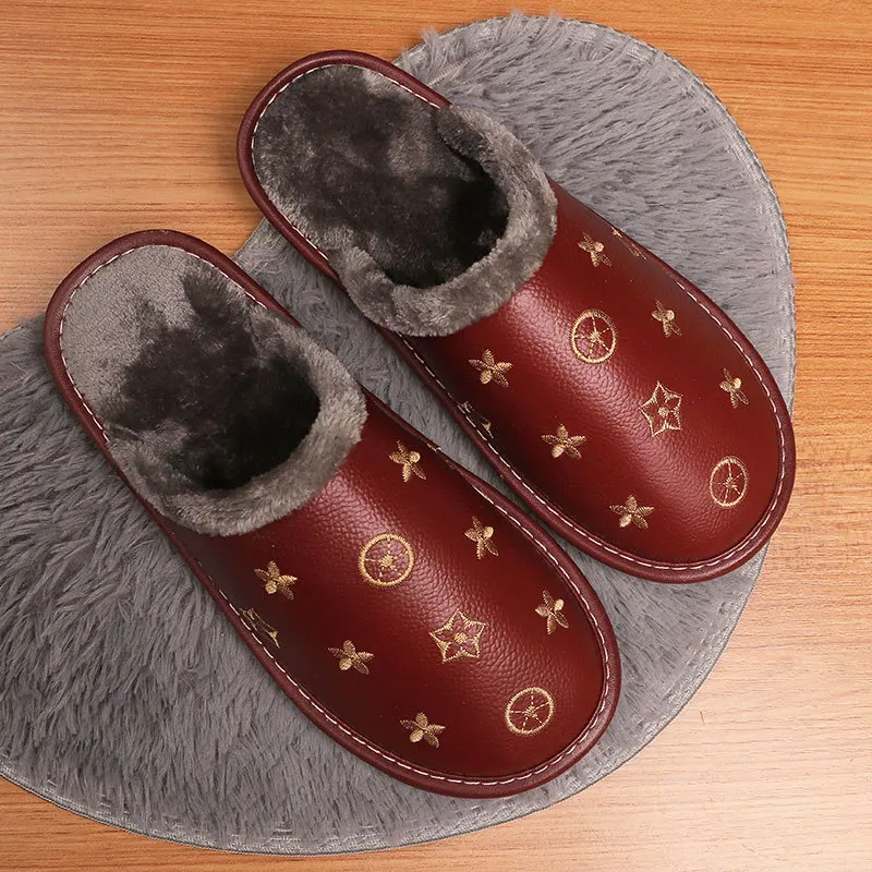 

New Brand Waterproof Leather Home Slippers Men Warm Plush Cotton Fur Shoes Fashion Indoor Women House Footwear Couple Slipper
