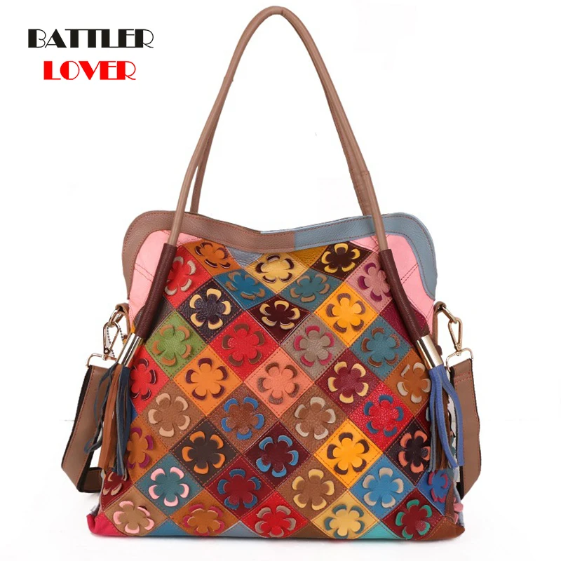 

Genuine Sheepskin Leather Women Handbags Flowers Printing Shoulder Bags For Female Colorful Designer Ladies Travel Totes Bag New