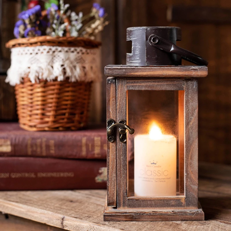 

Antique Dark Wooden Iron Small Candle Lantern European Home Garden Decor Handle Tabletop Wood Glass Lantern Indoor Outdoor Gift