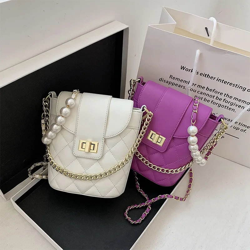 

Designer Women Diamond Lattice High Quality Pu Leather Bucket Bag Chain Slung Shoulder Bag Small Pearl Hasp Pouch Crossbody Bags