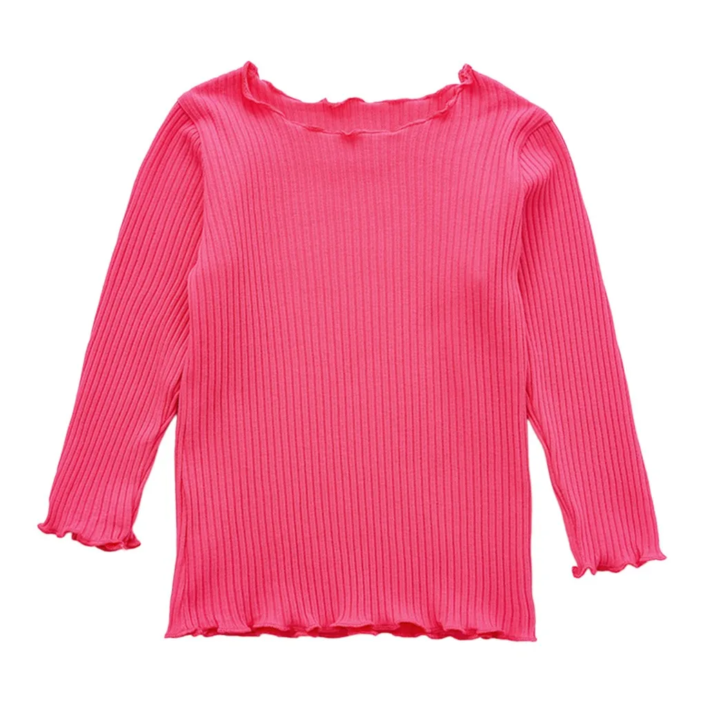 hot pink Зимняя одежда для маленьких девочек; хлопковая Однотонная футболка с длинными рукавами и волнистым краем; топы; блузка; детская одежда; модная одежда с круглым вырезом для девочек - Цвет: hot pink