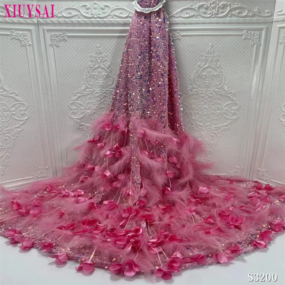 

2021 Handmade feather with beads 3D flowers embroidery fabric French mesh tulle Nigerian lace fabric for Party dresses wedding