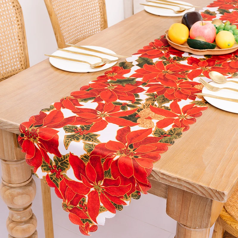 

Christmas Flowers Printed Table Runner Tablecloth Placemat Santa Claus Table Flag for Home Hotel Christmas Decoration 35x185cm