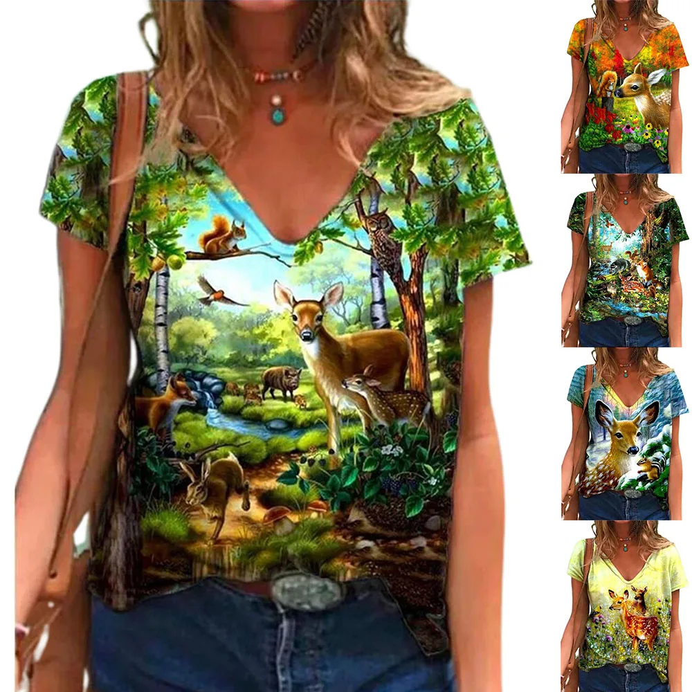 

Woman Tshirts V Neck Graphic Tee Summer Top Tees Casual Women Clothing Loose T Shirt Female Animal Print Streetwear Women Top