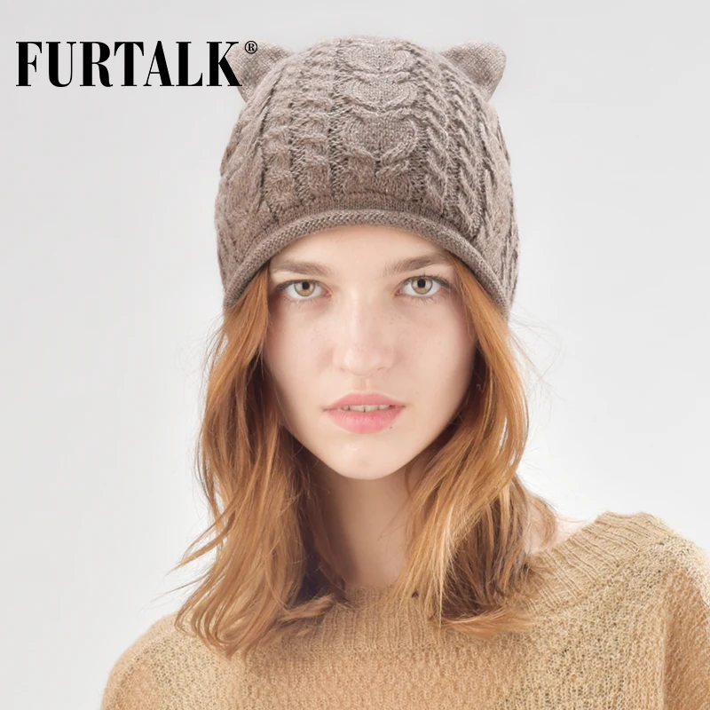 FURTALK, вязанная шапка бини, женская зимняя шапка бини с манжетами, шапка, Осенняя шапка для девушек, женская шапка skullies, милая Кепка с кошачьими ушками - Цвет: khaki