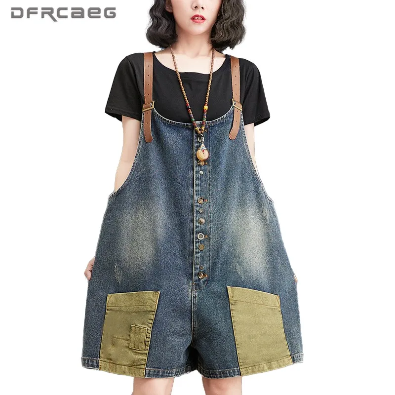 

Комбинезон женский джинсовый в стиле пэчворк, винтажный короткий свободный Ромпер из денима с широкими штанинами, лето 2021