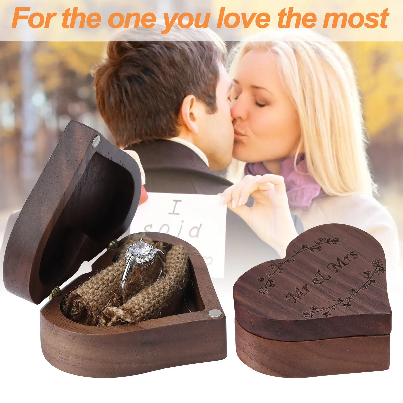 

Rustic Heart Shape Wooden Ring Box Brown Wedding Ring Box with Magnetic Retro Decorative Jewellery Storage Box Gift Box