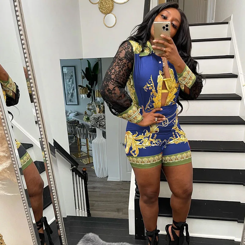 

Vintage Print Two Piece Short Set for Women Clothes Turn-down Collar Button Shirts Top and Shorts Sets Party Club Matching Sets