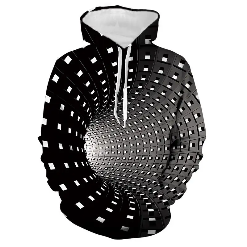 

Мужская толстовка с капюшоном в стиле Харадзюку, черно-белая толстовка с объемным рисунком прямоугольной формы в клетку для мужчин и женщин...