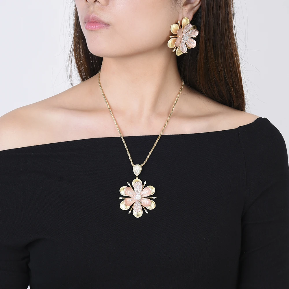 Роскошное ожерелье LARRAURI из фианита в форме цветка, серьги-гвоздики, Свадебный комплект свадебных украшений, нержавеющая сталь, joyeria mujer 2019
