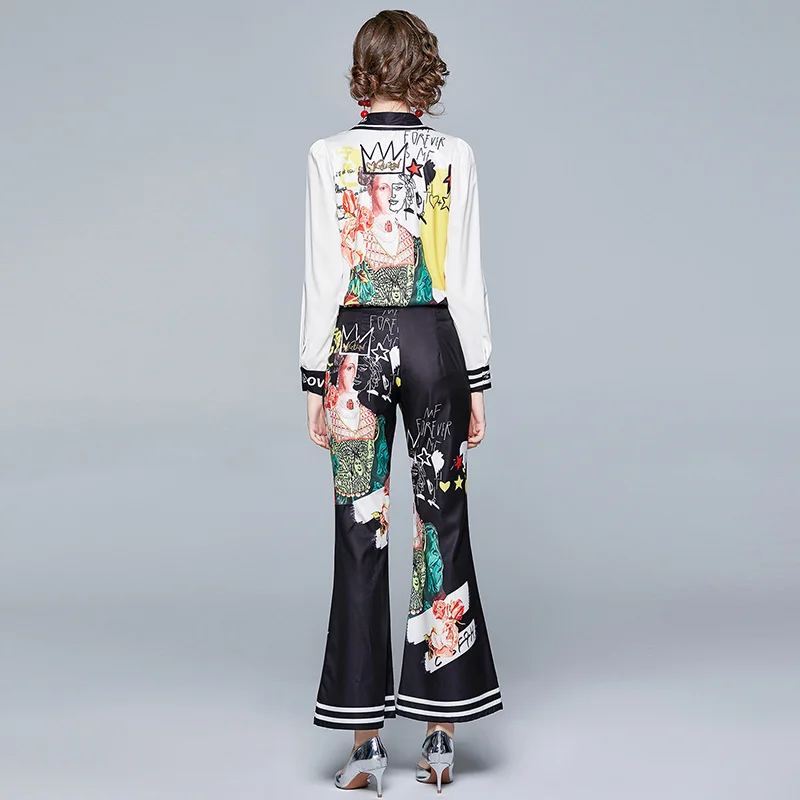 

womens Designer runway clothes set suit Vintage 2 two pieces long sleeve Floral shirt top+pants slim set suit clothing for woman