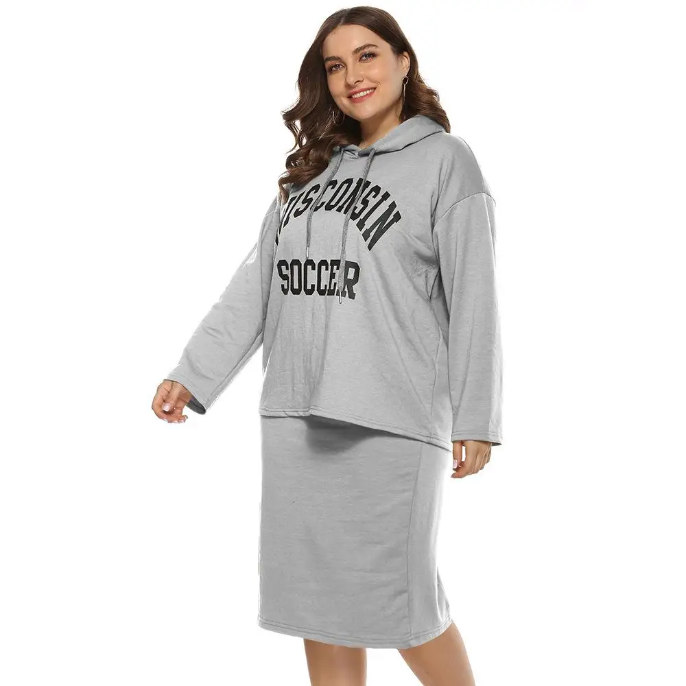 2020 Spring Women Plus size Hooded 2 Piece Sets Casual Letter Print Tops+ Skirt Large Slit Suit Leisure Two Set |