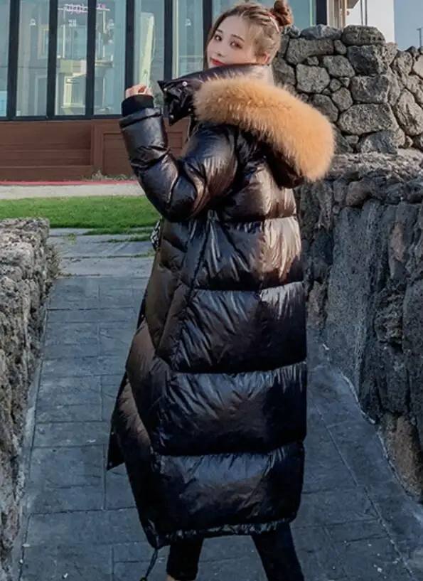 black coat brown fur Настоящий натуральный мех, новинка, зимняя куртка для женщин, свободный пуховик на утином пуху, Женская длинная пуховая парка, толстое пальто с капюшоном, пальто размера плюс - Цвет: black coat brown fur