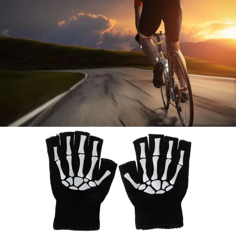 

Warm Knitting Gloves For Adult Solid Acrylic Half Finger Glove Human Skeleton Head Gripper Print Cycling Non-slip Wrist Gloves