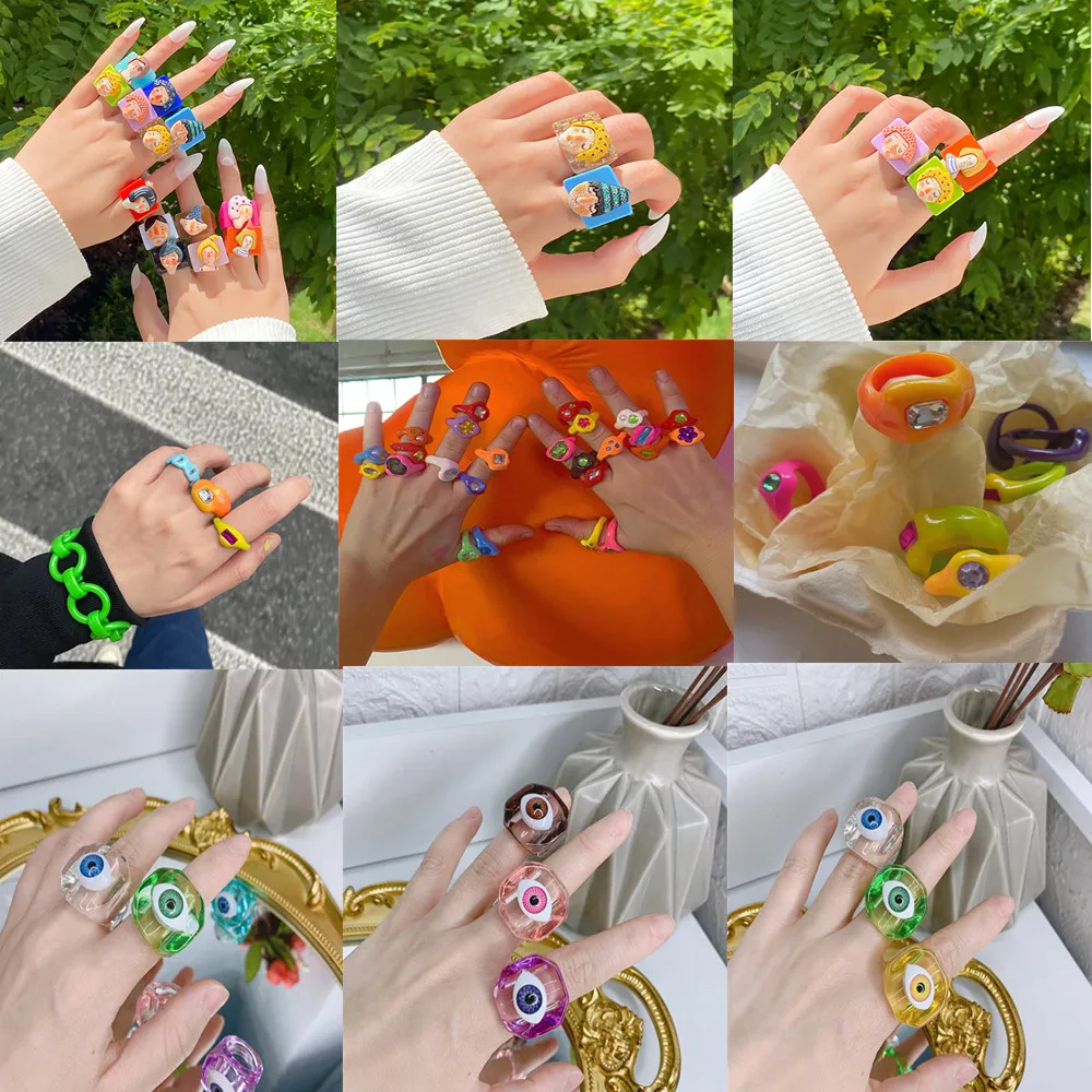 

Personality Exaggeration Fun Resin Ring Set Combined With Female New Fashion Retro Geometric Ring Jewelry Gift