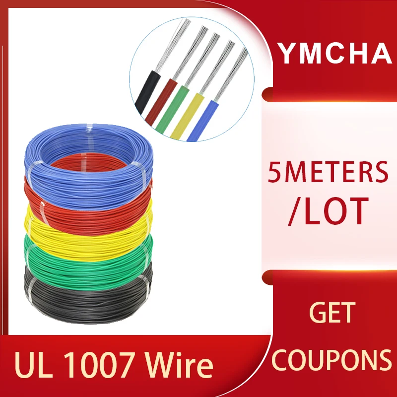 

5 Meters/lot UL1007 Electric Wire 5M 16AWG 18AWG 22AWG 24AWG 26AWG 28AWG 30AWG PVC DIY Electronic Cable Wiring