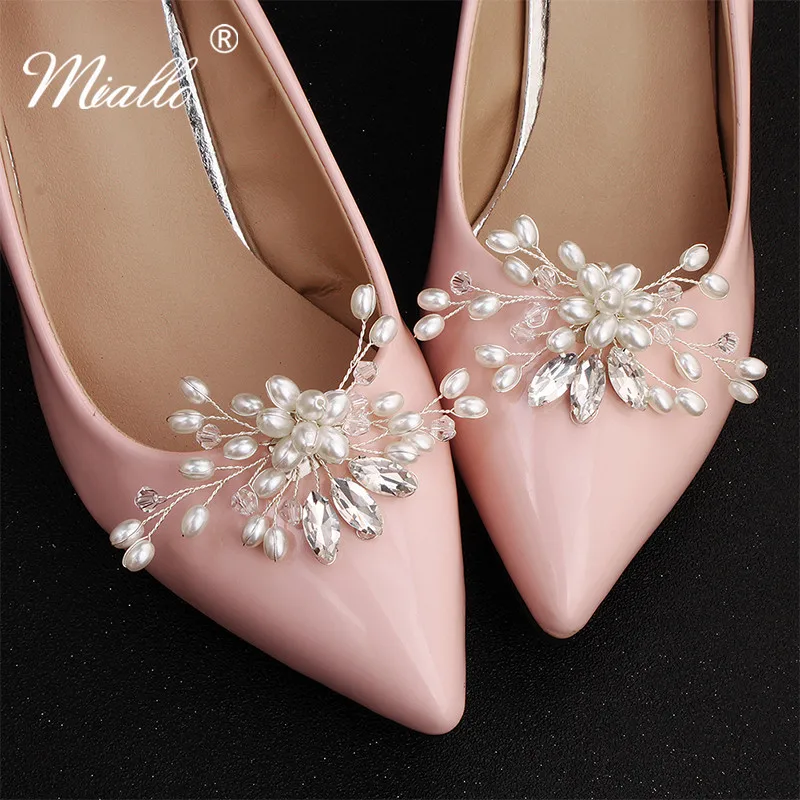 

Miallo Fashion Pearls Rhinestone Handmade Women Bridal Shoe Clips Crystal Wedding Shoe Buckle for Bride Bridesmaid