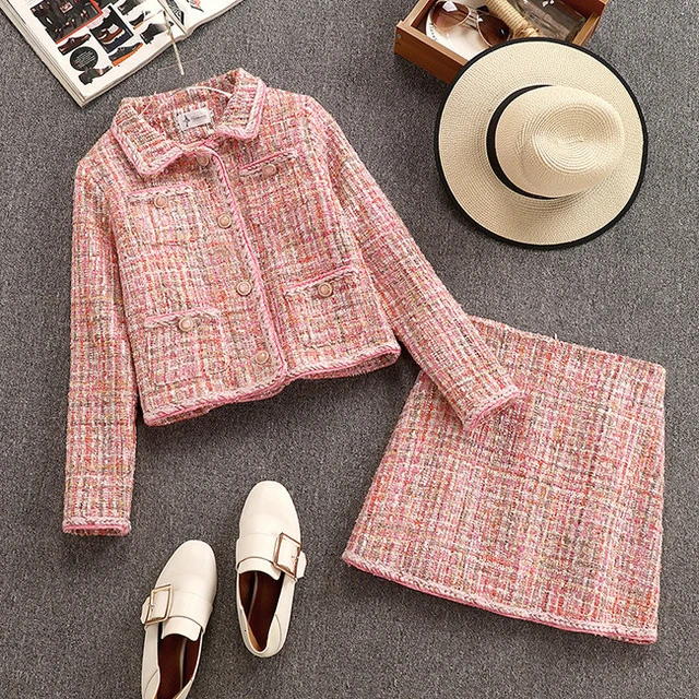 1587Tweed Vefinear, Осень-зима, сексуальные клетчатые топы и мини-платья, комплект из 2 предметов, на пуговицах, открытая облегающая юбка и свитер, комплект из двух предметов - Цвет: 1587Tweed