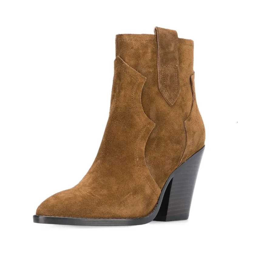

woman shoes high heels sexy cow suede short boots round head tassel thick high heel retro ankle boots women zapatos de mujer