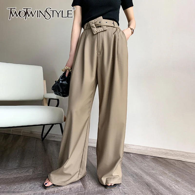 

TWOTWINSTYLE Casual Khaki Wide Leg Pants For Women High Waist With Sashes Pocket Straight Loose Trousers Female Fashion New