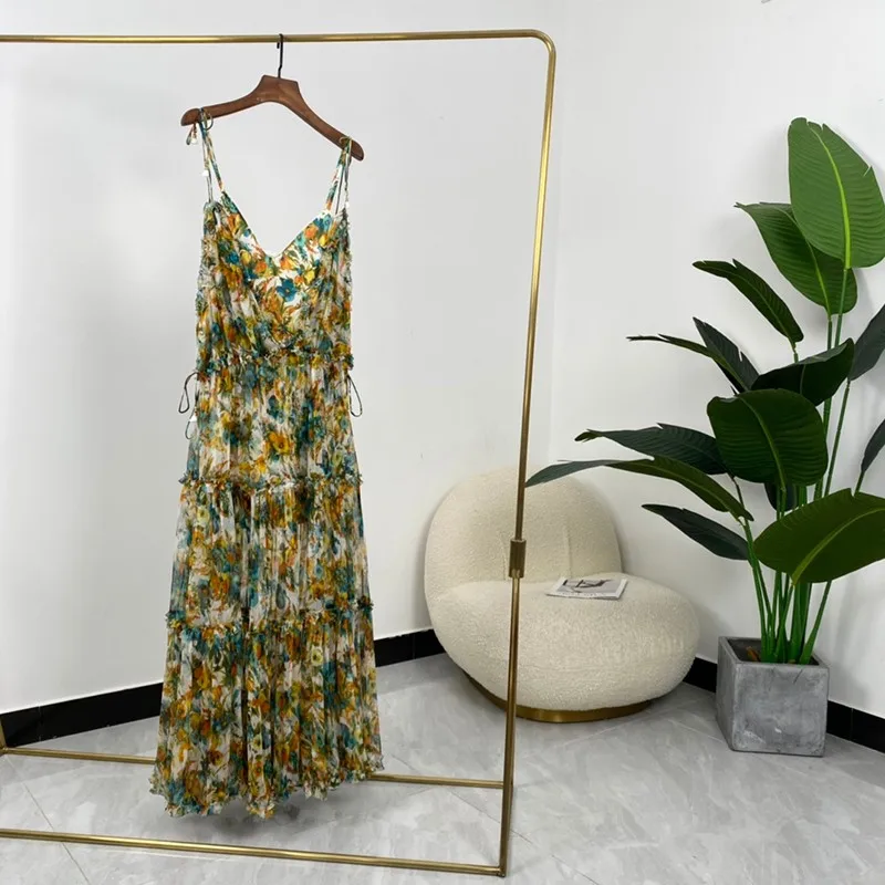 

Женское Летнее шелковое платье с цветным цветочным принтом, длиной до щиколотки