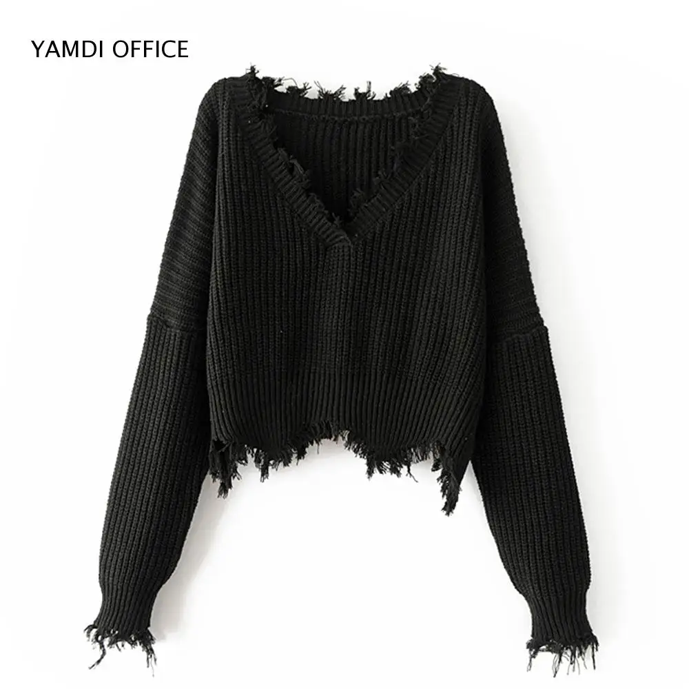 YAMDI 2019 NEW women tassel sweater autumn winter solid orange white black sweaters cropped jumpers v neck sexy knitted pullover | Женская