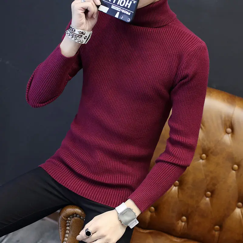 Мужская однотонная водолазка Классический облегающий свитер вязаный эластичный