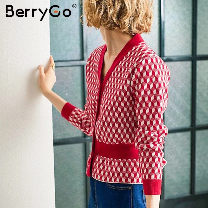 BerryGo клетчатый женский кардиган с v-образным вырезом пальто Элегантный
