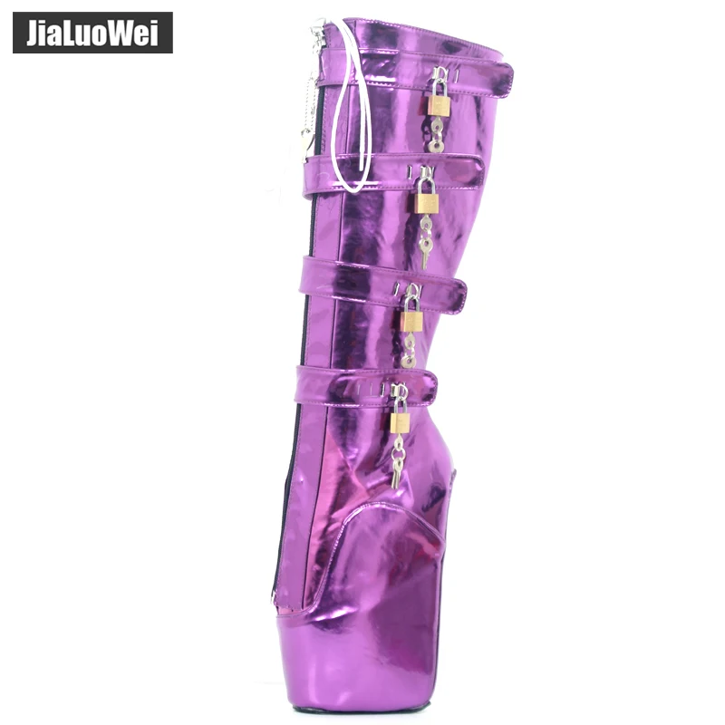 18CM Extreme High Heel Platform Lace-up Lockable Zip Padlock Buckle Strap Sexy Fetish Knee-High Boots Metallic Purple | Обувь