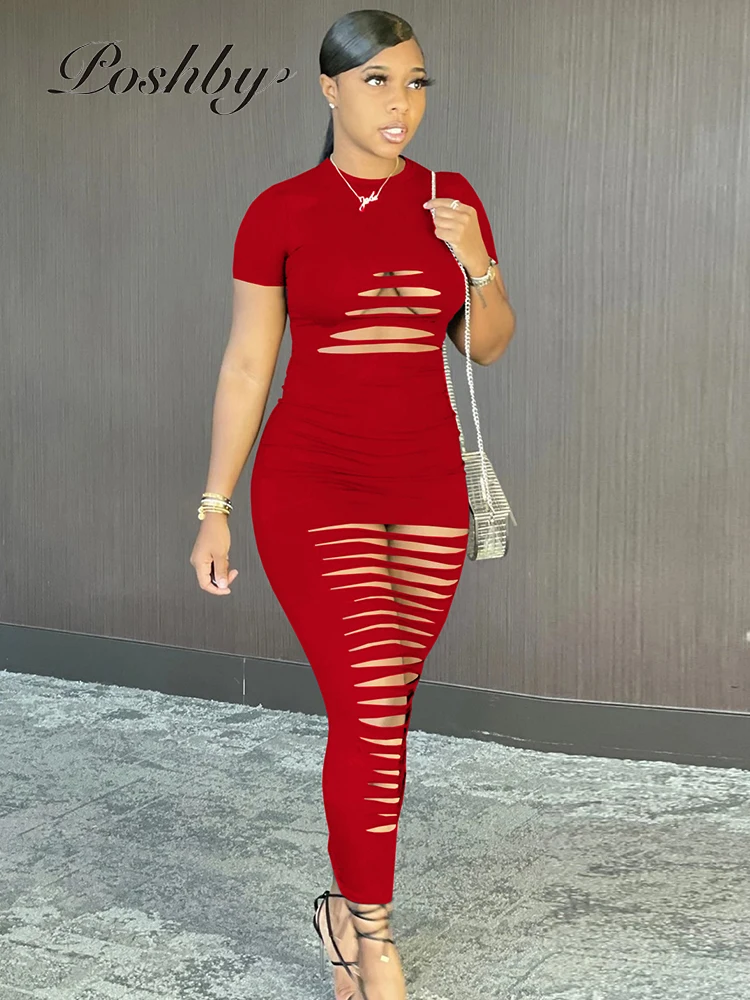 

Poshby Hollow Out Maxi Dress Short Sleeve O Neck Skinny Party Fashion 2021 Women Summer Spring Elegant Party Night Club Dresses