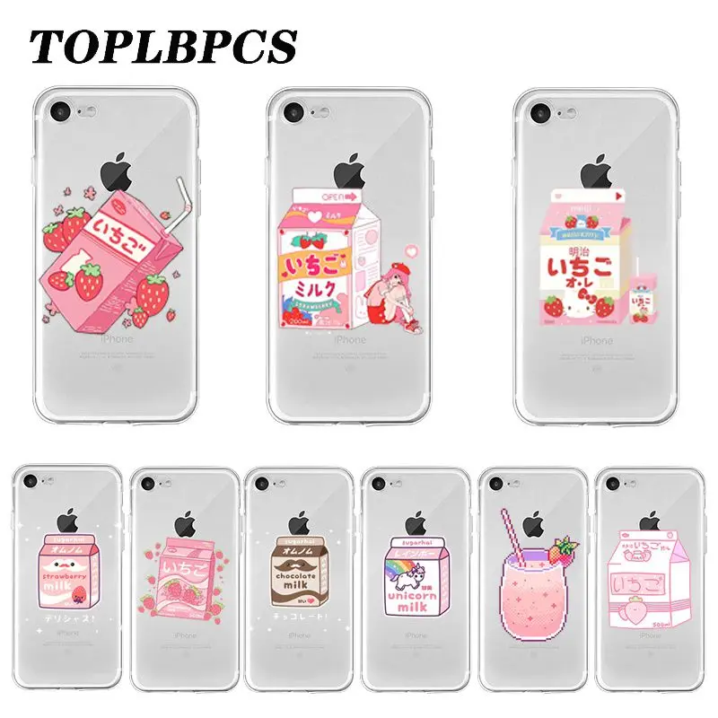 

Kawaii Japanese Strawberry Milk Clear Phone Case For iPhone 11 6 6s 7 8 Plus 11 Pro XS Max XR SE 2020 funda Cover Coque Shell