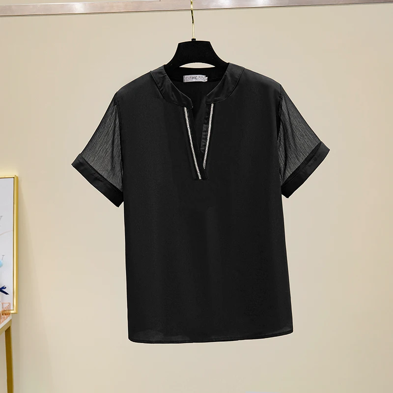

Summer Women Black Blouses 2021 Elegant Chiffon Shirt Short Sleeves V-Neck Beading Shirts Womens Casual Tops
