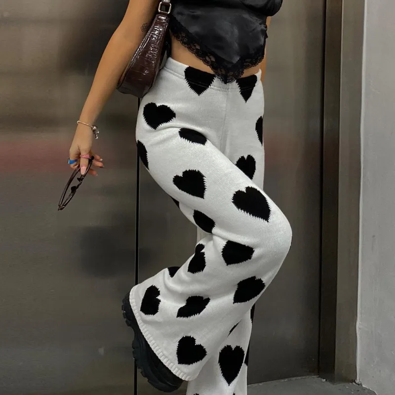 

Женские брюки с широкими штанинами, повседневные широкие брюки-клеш белого и черного цвета с принтом сердец, свободные брюки с высокой тали...