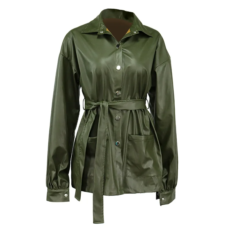 

PU Coats Turn-down Collar Medium Length Elegant fashion Lady leather Jacket Single Breasted Slim with Belt Pockets Outerwear