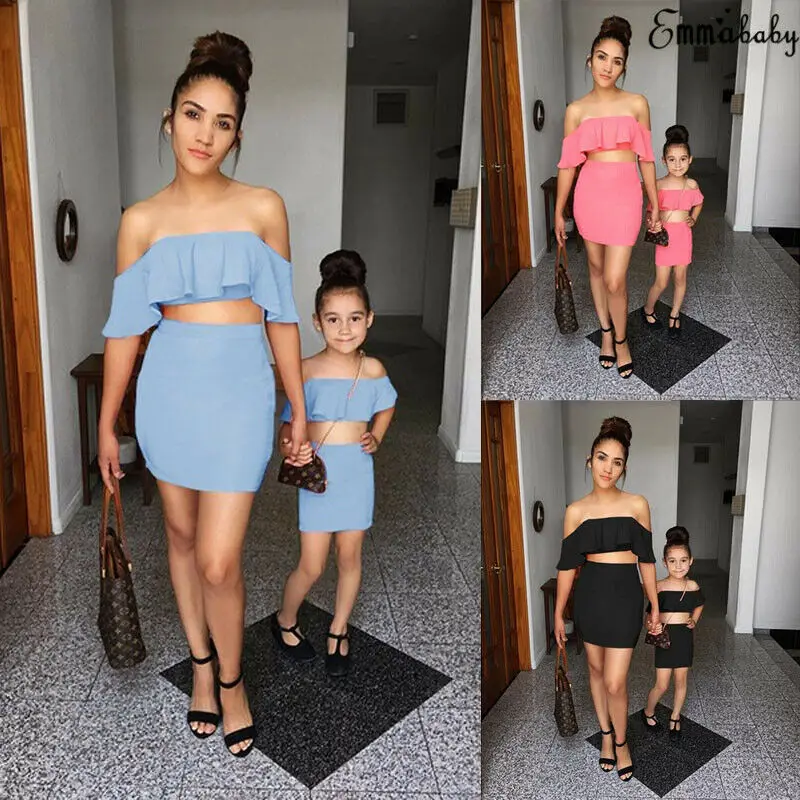 

New Fashion Family Matching Outfits Sets Women Girl Kid Ruffle Strapless Tanks Crop Tops Slim Skirt Mother Daughter Summer Sets