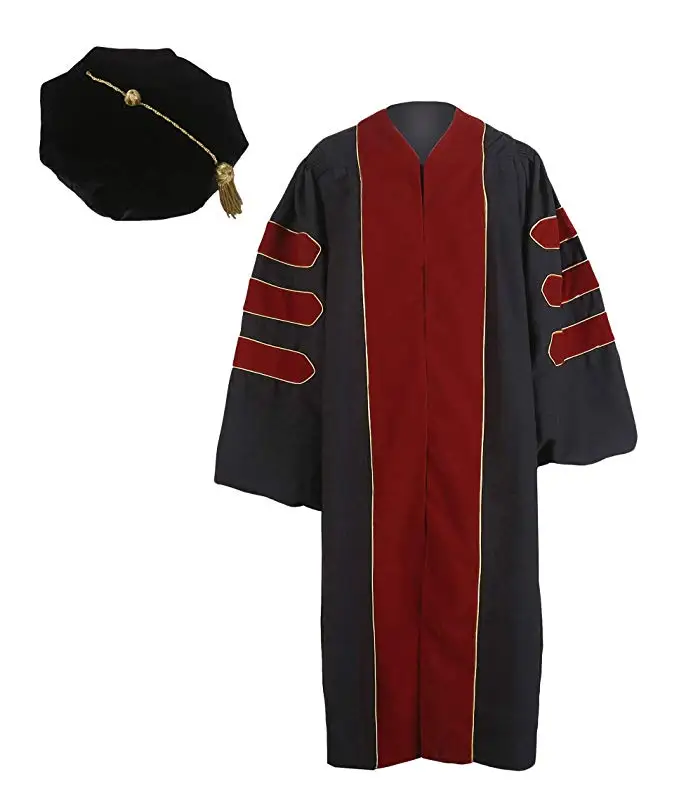 

2019 Unisex Women Set Graduationservice Neutral Graduation Gown with Golden Tubing and Bkack Doctoral TAM Pack Academic Dress