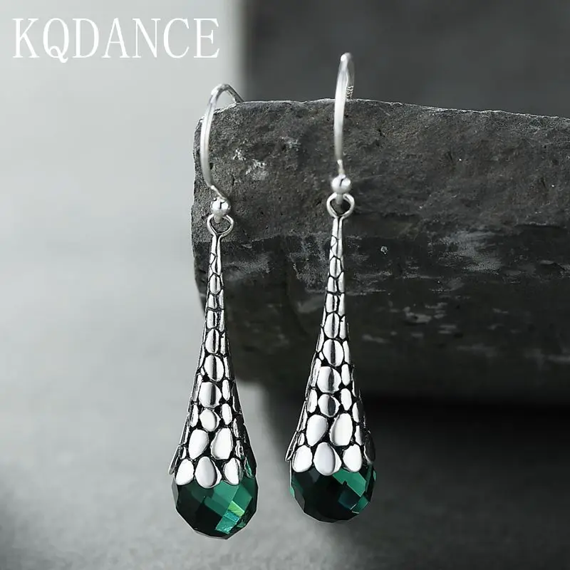 

925 sterling silver Created Green Quartz Gemstone Crystal water drop Emerald Earrings ethnic thai silver fine jewelry for women