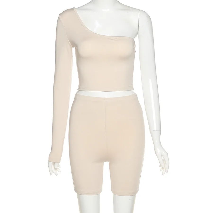 

2021 Women's Spring Pants Sets Solid Irregular One-Shoulder Long Sleeve Skinny Crop Tops Sports Yoga Two-Piece Fashion Suit Lady