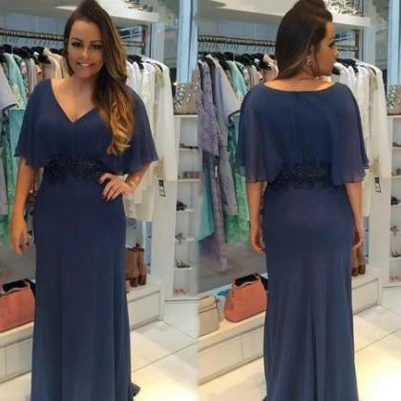 Темно синие для матери невесты Платья V образным вырезом рубашка с короткими