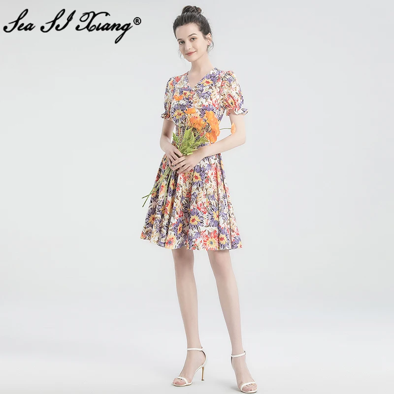 

Seasixiang Fashion Designer Summer Dress Women V-Neck Puff Sleeve Folds Floral Prin Elastic Waist Vacation Dresses