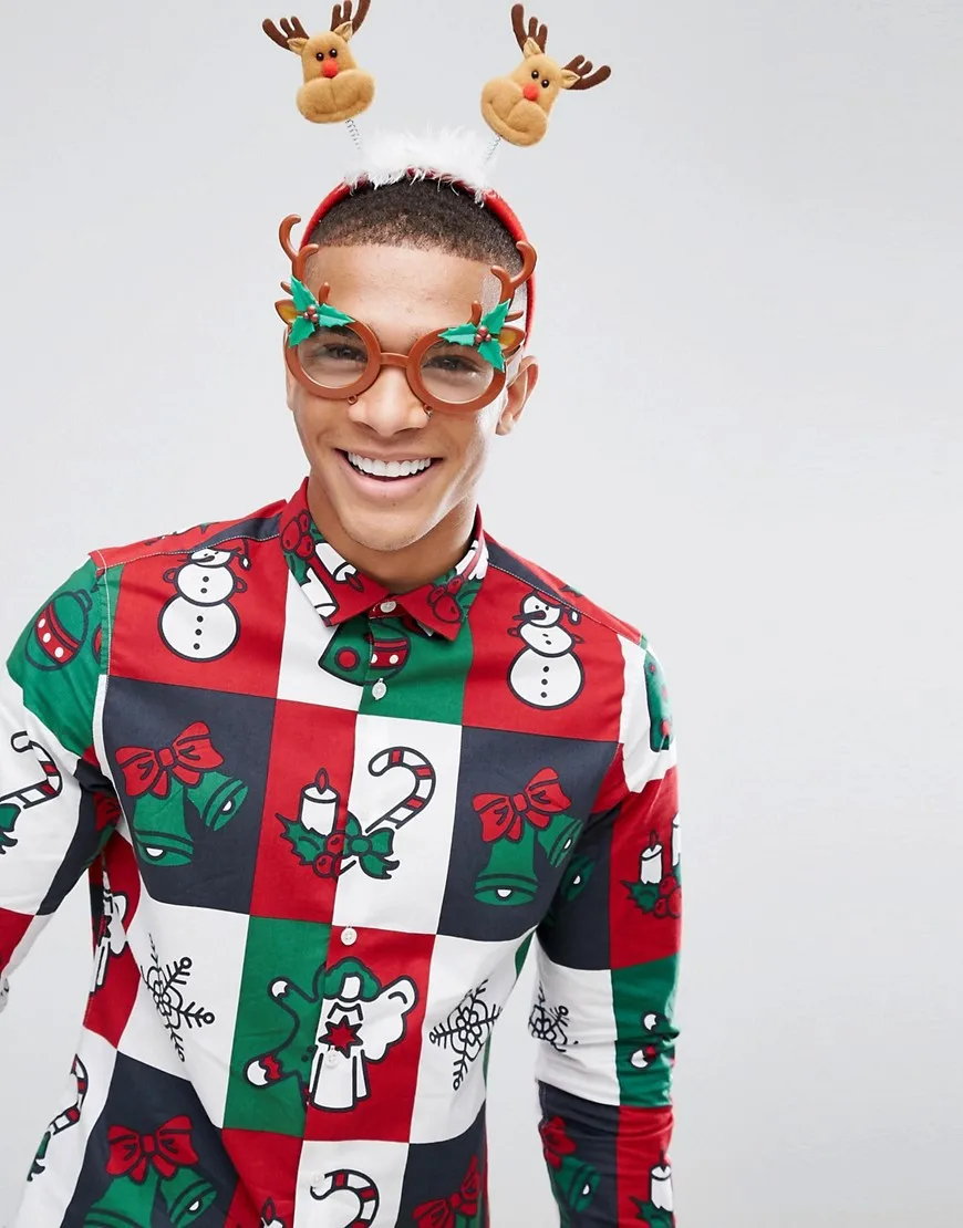 Мужская рубашка с длинными рукавами в подарок на Рождество снег колокольчик