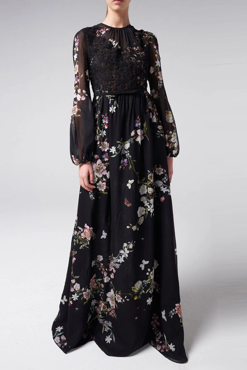 

French Gentle Maxi Dress Women Noble Elegant Slim Fit Floral Dress 2021 Summer High-end Lace Stitching Black Dress Floor-length