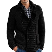 mens cable knit cardigan chunky knitted jacket v neck turn down collar double buttoned knitwear overcoat outerwear with pockets