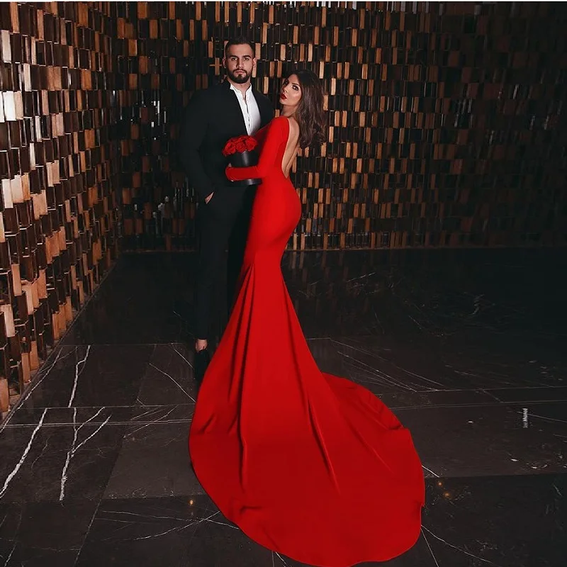 

2020 Sexy Long Evening Dress Backless Women Boat Neck Court Train Long Sleeve Red Formal Mermaid Dresses party dresses evening