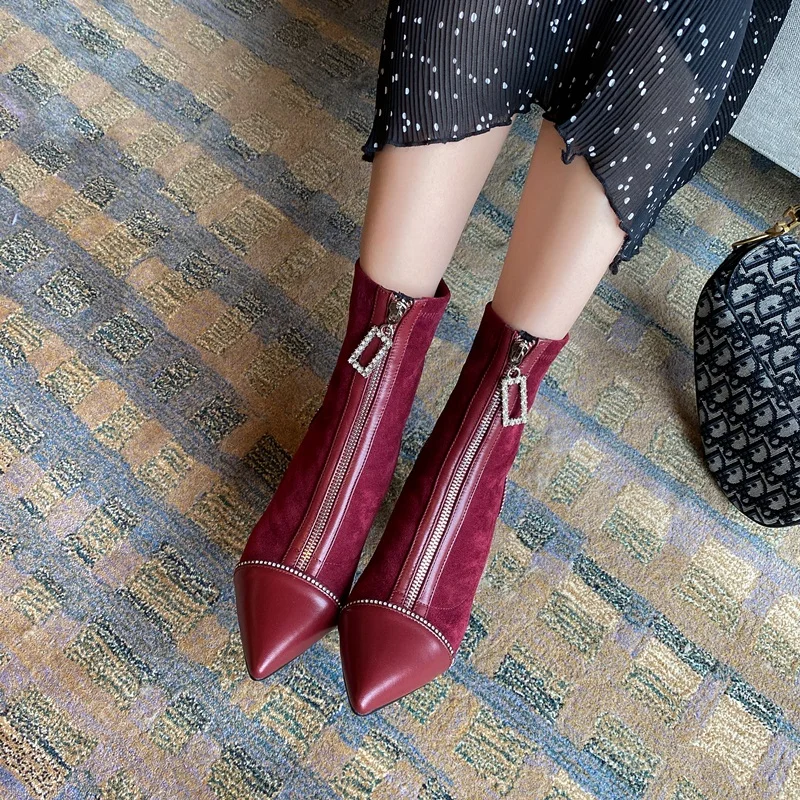 

Women Booties 2021 New Brand Fashion Party Sexy Flock Ankle Boots Black Wine Red Pointed Toe Autumn winter 8cm High heels shoes