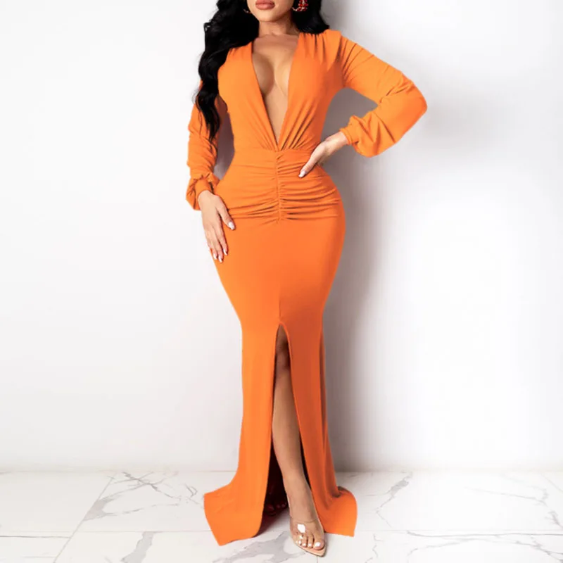 

Women Sexy Deep V-Neck Split Maxi Party Dress Elegant Solid Draped Nightclub Bodycon Dresses Female Fashion Long Dress Vestidos